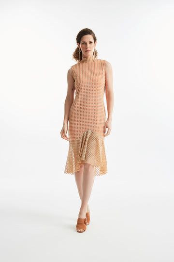 Vestido Leonor Laranja e Bege