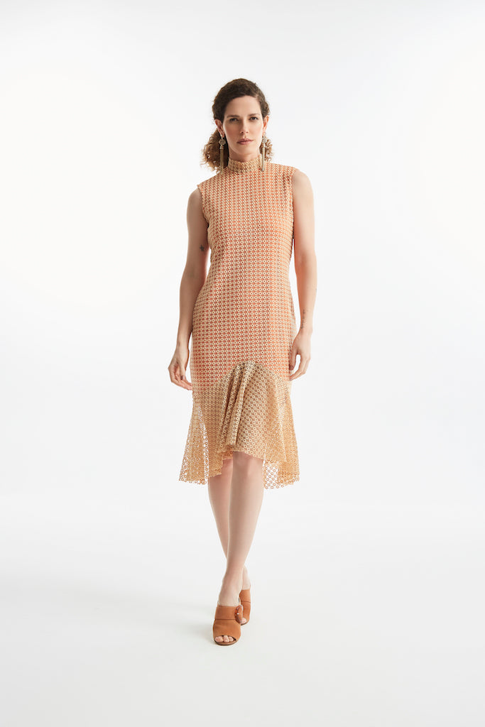 Vestido Leonor Laranja e Bege